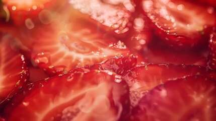 Strawberry background Blurred natural red background Texture of strawberry berries Beautiful sliced strawberries closeup Horizontal closeup nobody Healthy eating concept : Generative AI
