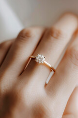 Obraz premium Close up of a diamond ring, yellow gold band, white background, modern jewelry style, minimalistic design