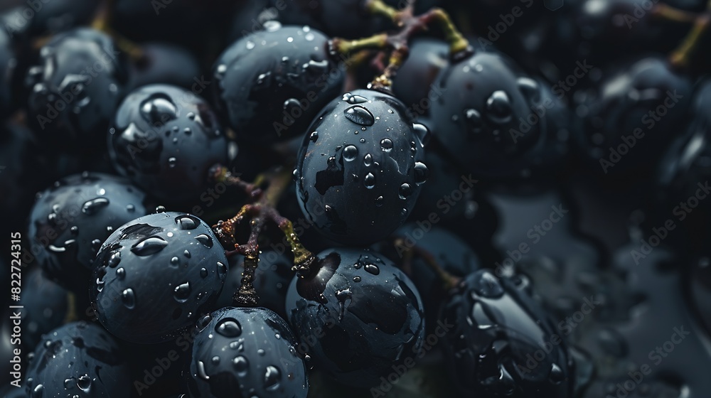 Poster closeup of berries of dark bunch of grape with water drops sot focus : generative ai