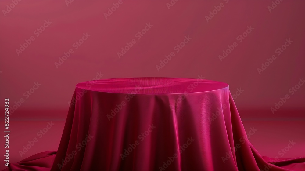 Poster Cylinder podium covered with red cloth on viva magenta background Premium empty fabric pedestal for product display : Generative AI
