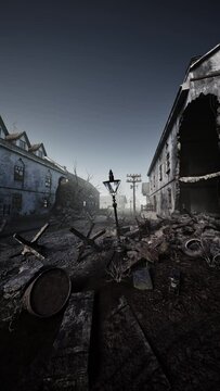 A street light stands in the midst of a destroyed area in a small town devastated by bombing or military clashes.