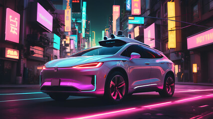 A self-driving car navigating through a neon-lit cityscape. Generative AI