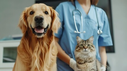 Golden retriever dog and fluffy cat next to happy veterinarian in clinic : Generative AI