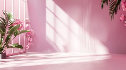 Abstract pink color gradient studio background for product presentation Empty room with shadows of window and flowers and palm leaves  3d room with copy space Summer concert Blurred ba : Generative AI