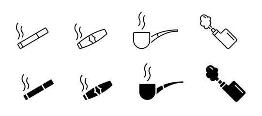 Cigarette icon vector set. Smoke area vector icons, signs. Cigarette, outline, solid icon © Hubba Bubba