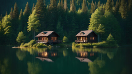 Obraz premium Wooden house on the bank of the river in the forest, Generative AI