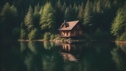 Obraz premium Wooden house on the bank of the river in the forest, Generative AI