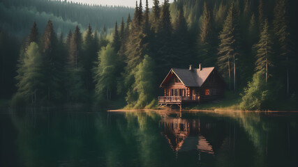 Fototapeta premium Wooden house on the bank of the river in the forest, Generative AI