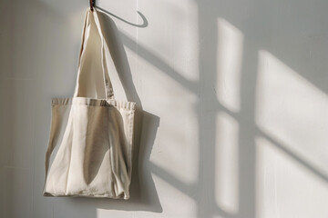 Plain tote bag hanging on a hook with a minimalistic