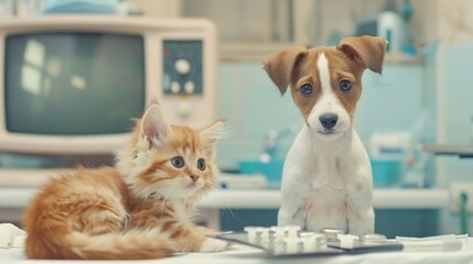 Little dog and cat at the veterinary checkup : Generative AI
