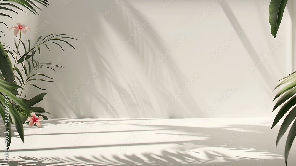 Poster Abstract white studio background for product presentation Empty room with shadows of window and flowers and palm leaves  3d room with copy space Summer concert Blurred backdrop : Generative AI
