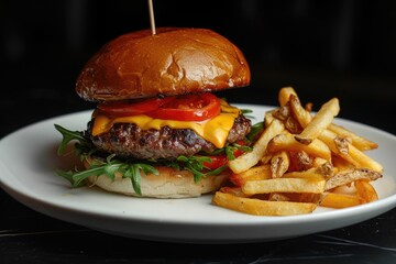 Juicy burger and French fries on white plate. Hamburger or cheeseburger and potato chips on black background