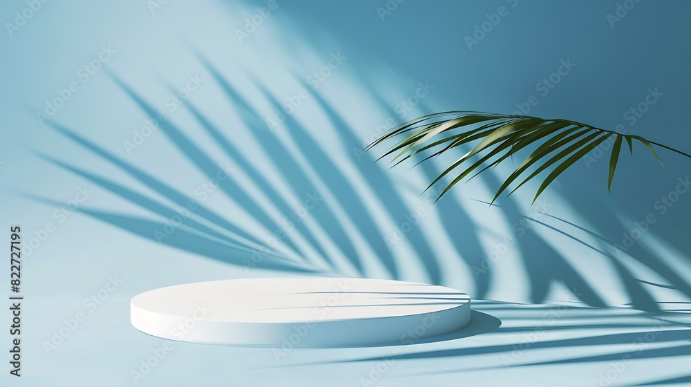 Aufkleber An elegantly simple white podium setup with the serene shadow of a palm leaf cast on a smooth blue background : Generative AI