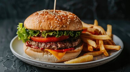 Juicy burger and French fries on white plate. Hamburger or cheeseburger and potato chips on black background