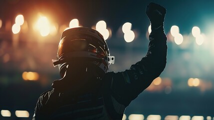 Obraz premium Silhouette of race car driver celebrating the win in a race against bright stadium lights 100 FPS slow motion shot : Generative AI