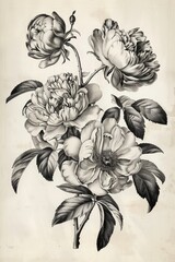 Nostalgic old engraving, delicate flowers immortalized in intricate detail, evoking the timeless beauty and craftsmanship of traditional engraving techniques, a vintage tribute to nature's elegance