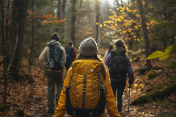 Fototapeta premium Nature hike with friends exploring a forest trail wear a yellow raincoat