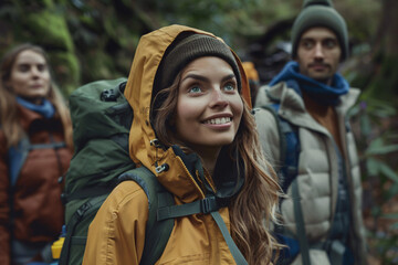 Fototapeta premium Nature hike with friends exploring a forest trail wear a yellow raincoat