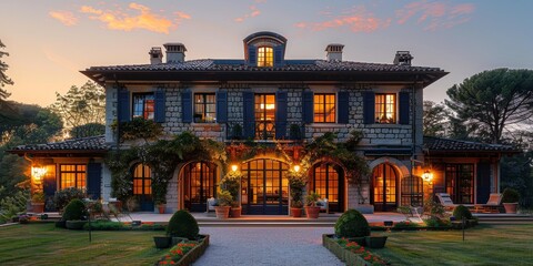 Fototapeta premium Premium old house in the evening with orange lighting