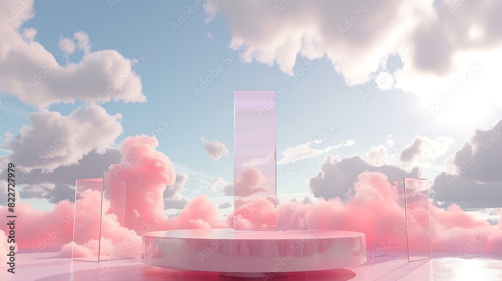 Poster Front view of transparent podium decorated with pinky cloudy sky background abstract content : Generative AI