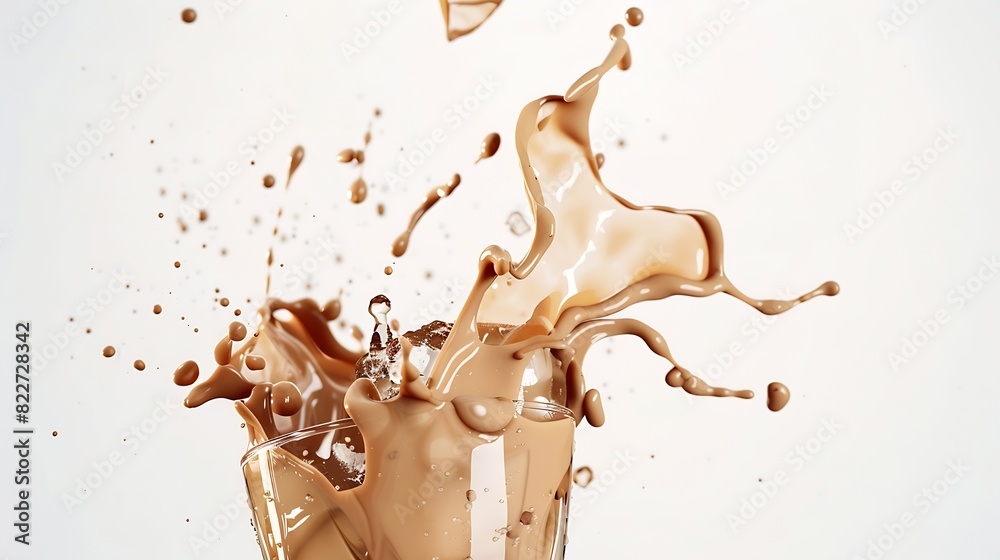 Poster milk tea fall ice cube cool pouring down in shape form line milk ice coffee splash into drop dropet 