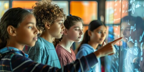 A group of teenagers engage in a coding boot camp, with one explaining a complex problem on a digital whiteboard. 