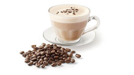 Obraz premium Cup of coffee latte and coffee beans isolated on white background : Generative AI