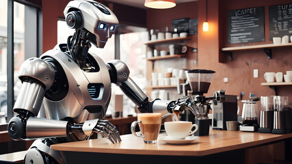 Futuristic robot making coffee in a cafe, Generative AI