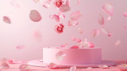 Pink product podium placement on solid background with rose petals falling Luxury premium beauty fashion cosmetic and spa gift stand presentation Valentine day present showcase : Generative AI