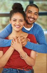Fototapeta premium Portrait, home and couple with peace, hug and marriage with romance, happiness and bonding together. House, embrace and man with woman, support and relationship with care, trust and date with love