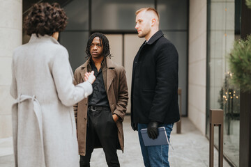 An outdoor meeting in action, featuring three young professionals deep in discussion, possibly...