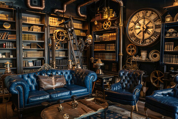 Steampunk-themed library with mechanical gadgets