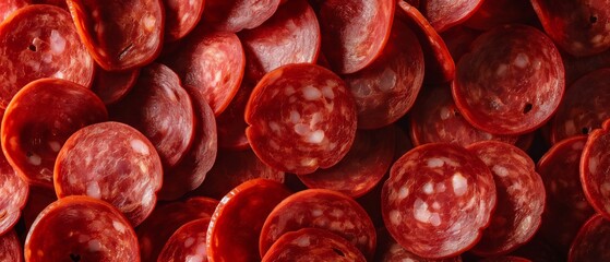 slices of cured pepperoni sausage full frame background banner	