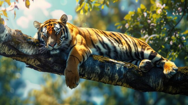 Tiger sleeping on a tree branch in the jungle. Wild animal resting