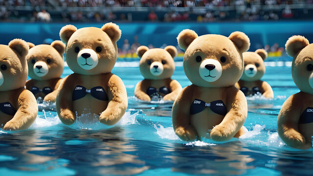 Teddy bears swimming the 400m butterfly event at the Olympics, Generative AI
