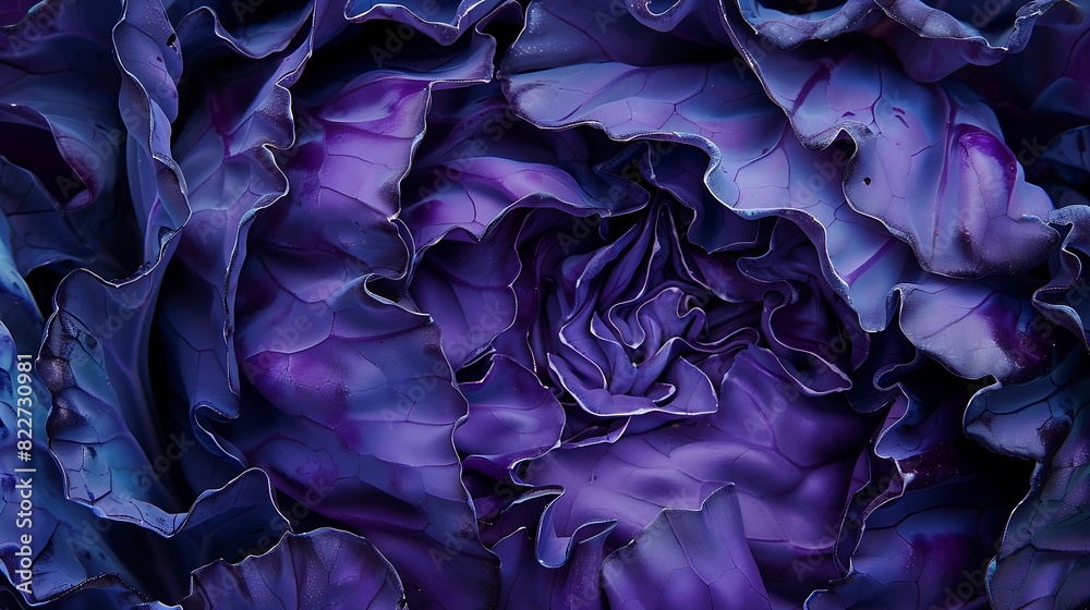 Poster background of the blue cabbage in the cut macro photography close up top view texture raw purple cab