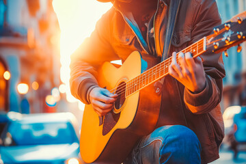 Obraz premium A passionate musician playing guitar on a city street at sunrise.