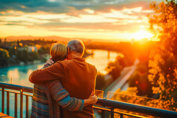 A senior couple (Asian man, Caucasian woman) embrace on a scenic bridge overlooking a river at sunset. - Powered by Adobe