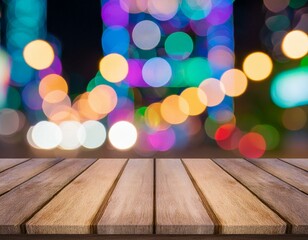 Empty wooden table with neon light bokeh background, night view, blurred bokeh lights background