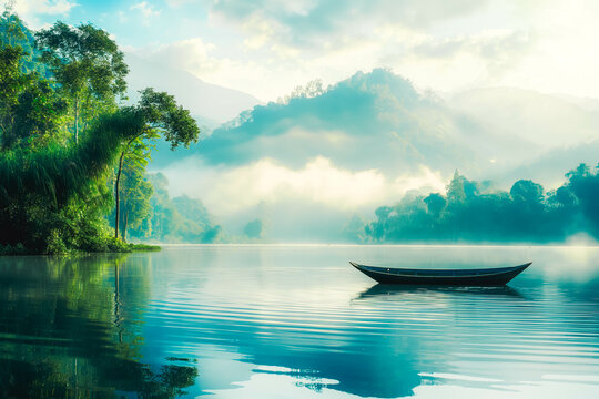 A serene lake at dawn with misty mountains in the background: A peaceful, idyllic scene with a lone boat drifting on the water, surrounded by lush greenery and a majestic mountain range.