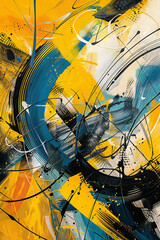 Dynamic abstract painting with bold strokes of yellow, blue, and black. Represents energy, creativity, and movement. Ideal for campaigns in tech, innovation, and modern lifestyle
