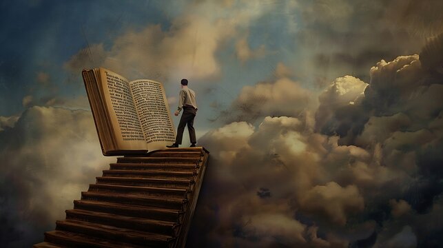 The man climbs the stairs to the open book Art collage : Generative AI