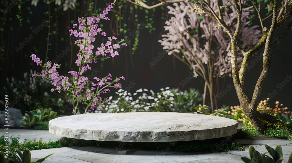Poster Front view of the stone podium showcases products in a garden with flowers plants and branches Empty platform : Generative AI