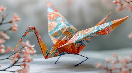 Naklejka premium A delicate origami crane folded from vibrant, patterned paper,