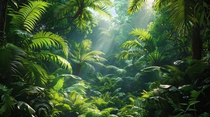 A dense jungle scene from the Mesozoic era with towering ferns and prehistoric plants,