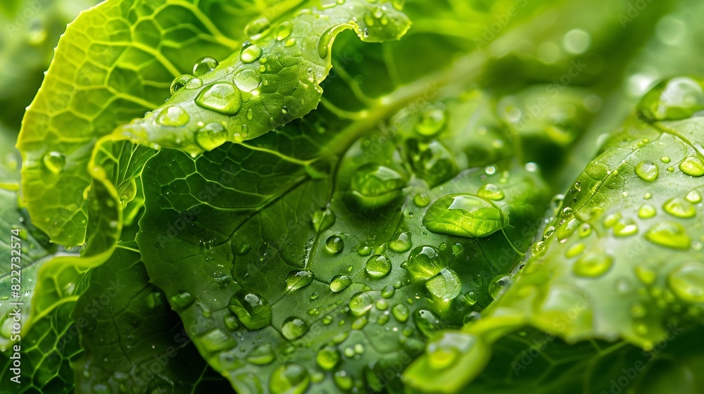 Poster closeup macro view of fresh green lettuce leaves with water drops high resolution : generative ai