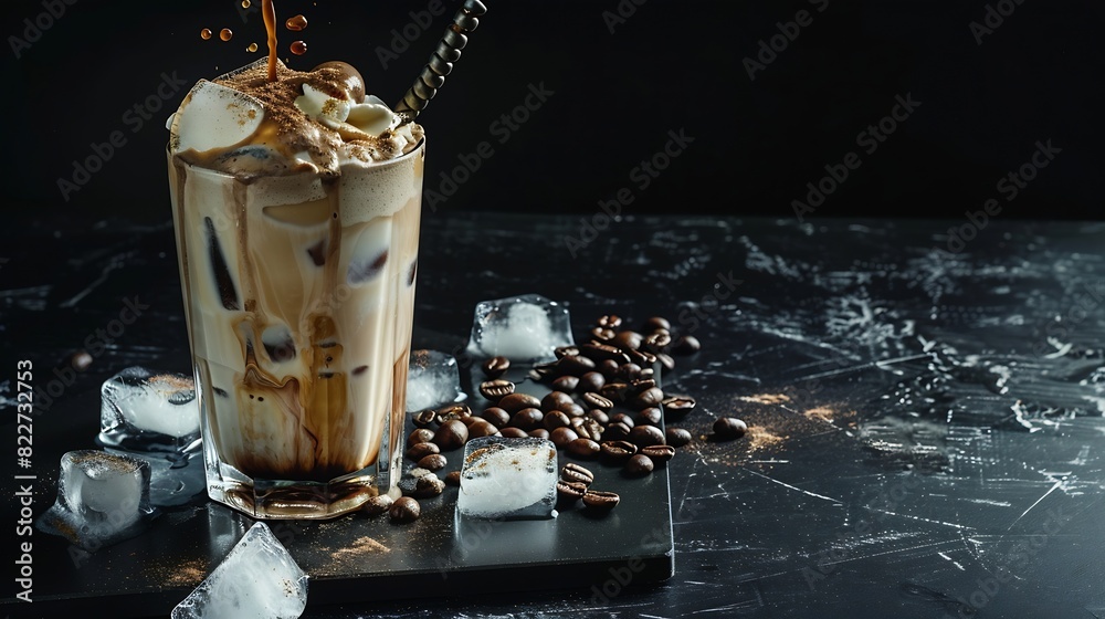 Poster ice coffee in a tall glass with cream poured over ice cubes and beans on a dark concrete table cold 