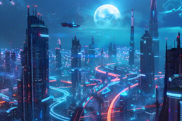 Futuristic neon metropolis under a bright moonlit sky