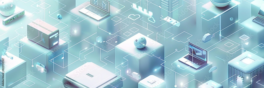 Poster isometric illustration of computers, laptops, and tech equipment in bluish hues, suitable for repres
