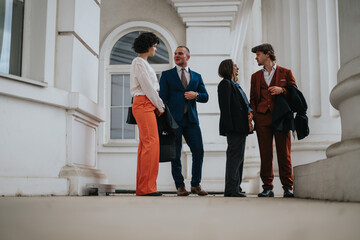 Fototapeta premium Group of business professionals in formal attire discussing and networking outside an office building, fostering teamwork and collaboration